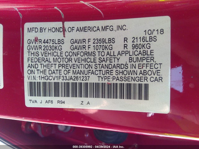 Honda Accord Sport 2018 1HGCV1F33JA261237 Image 9