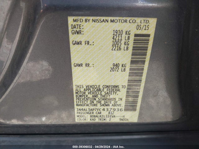 Nissan Altima 2.5 Sl 2015 1N4AL3AP7FC437936 Image 9