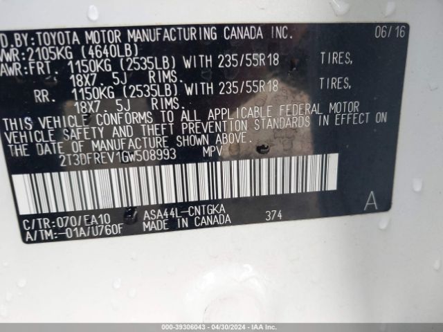 2T3DFREV1GW508993 Toyota Rav4 Limited