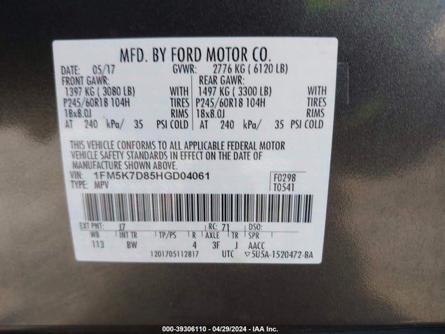 Ford EXPLORER XLT 2017 1FM5K7D85HGD04061 Image 9