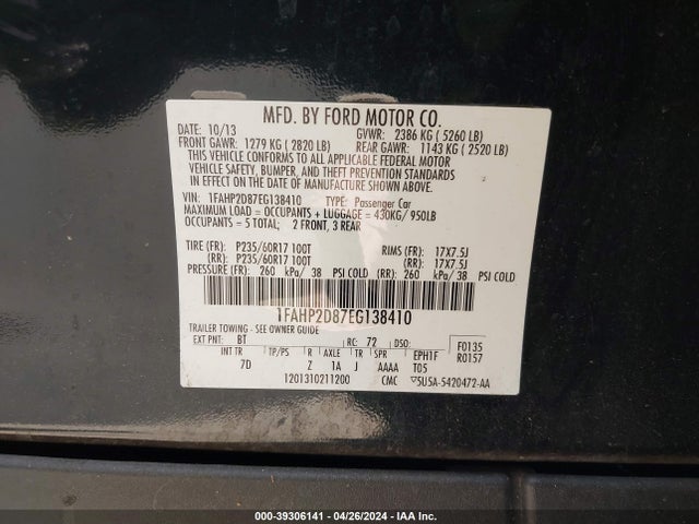 Ford TAURUS SE 2014 1FAHP2D87EG138410 Image 9