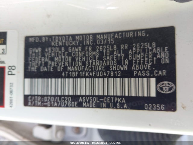 Toyota CAMRY XSE 2015 4T1BF1FK4FU047812 Image 9