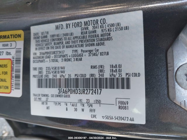 Ford FUSION SE 2018 3FA6P0HD3JR272417 Image 9
