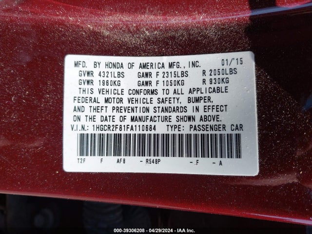 Honda Accord Ex-l 2015 1HGCR2F81FA110684 Image 9