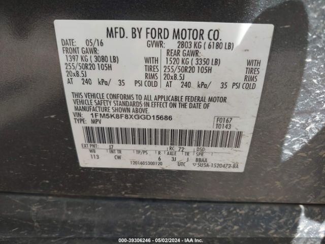 1FM5K8F8XGGD15686 Ford Explorer Limited