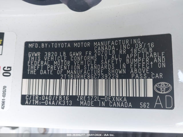 Toyota COROLLA LE 2016 2T1BURHE8GC739229 Image 9