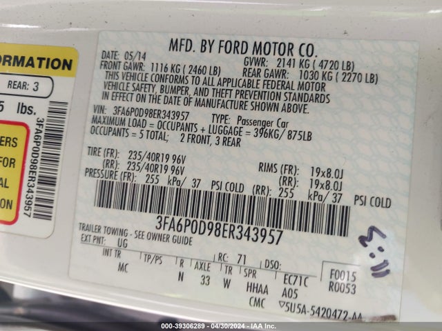 Ford Fusion Titanium 2014 3FA6P0D98ER343957 Image 9