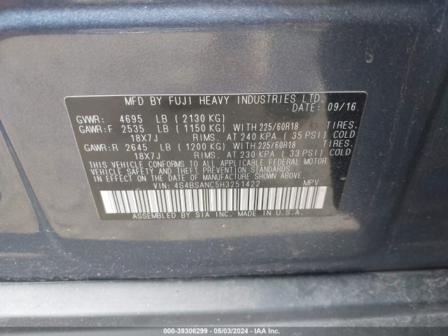 Subaru Outback 2.5i Limited 2017 4S4BSANC5H3251422 Image 9
