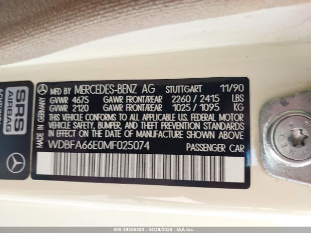 1991 MERCEDES-BENZ 500 WDBFA66E0MF025074 Photo 8