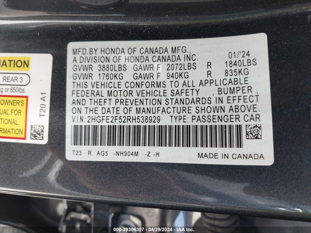 Honda Civic Sport 2024 2HGFE2F52RH538929 Image 9