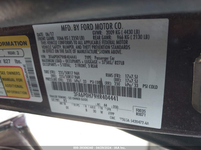 Ford FUSION SE 2017 3FA6P0H79HR404441 Image 9