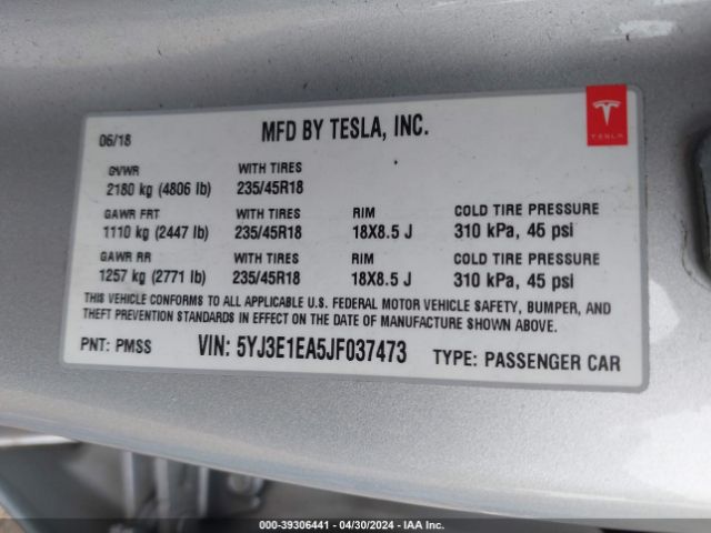 5YJ3E1EA5JF037473 Tesla Model 3 Long Range/mid Range
