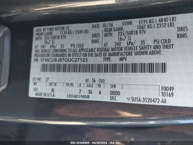 Ford Escape Titanium 2016 1FMCU9J97GUC27123 Image 9