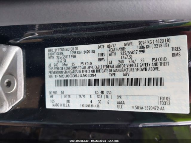 1FMCU0GD5JUA03394 Ford ESCAPE SE