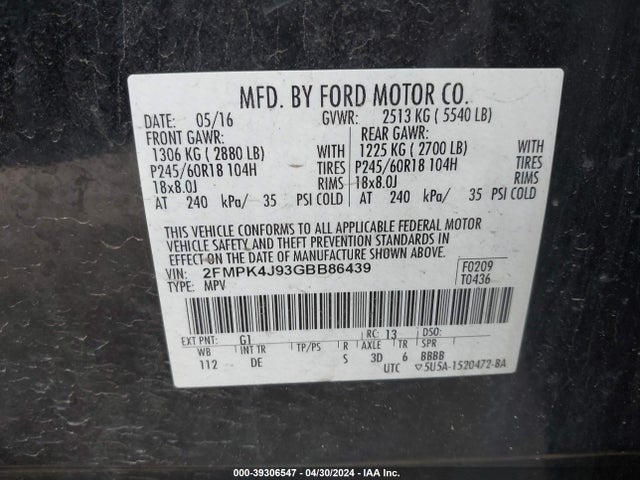 Ford EDGE SEL 2016 2FMPK4J93GBB86439 Image 9