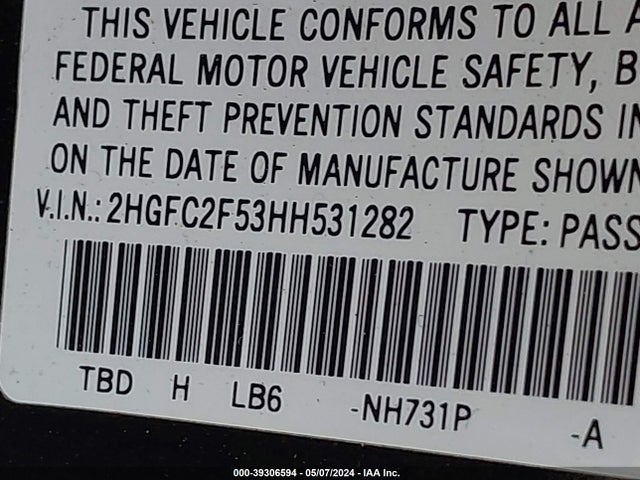 Honda Civic Lx 2017 2HGFC2F53HH531282 Image 9