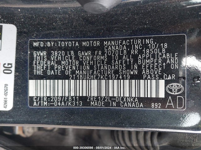 Toyota COROLLA LE 2019 2T1BURHE7KC197419 Image 9