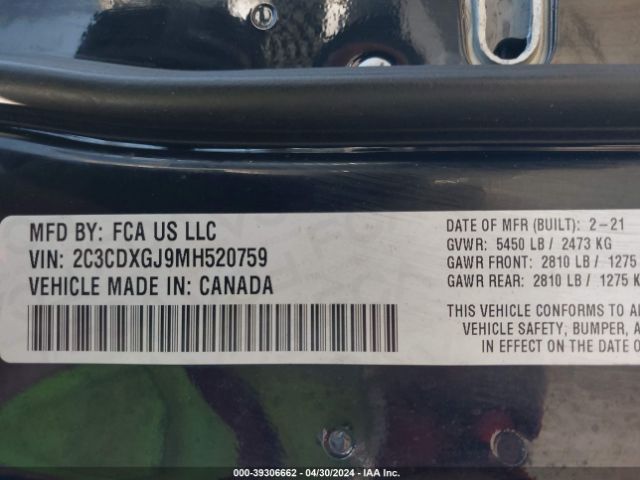 2C3CDXGJ9MH520759 Dodge Charger Scat Pack Widebody Rwd