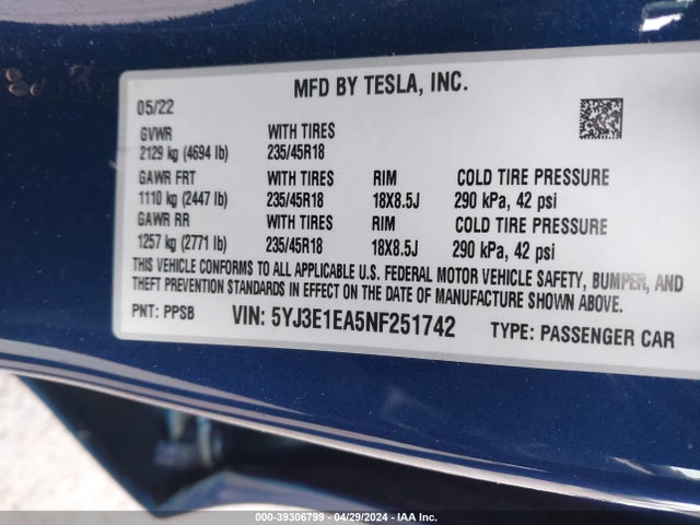 Tesla Model 3 Rear-wheel Drive 2022 5YJ3E1EA5NF251742 Image 9