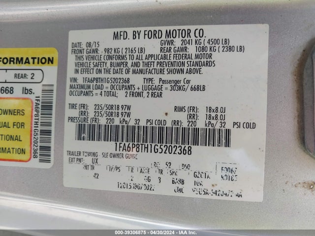 Ford Mustang Ecoboost 2016 1FA6P8TH1G5202368 Image 9