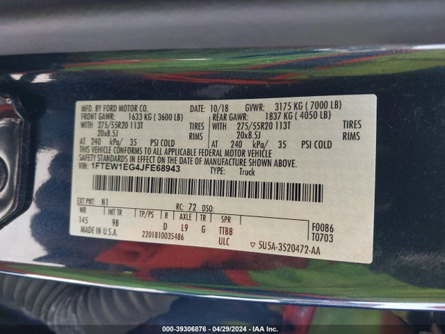 Ford F-150 Platinum 2018 1FTEW1EG4JFE68943 Image 9
