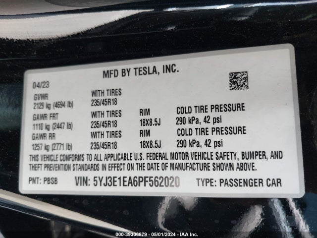 5YJ3E1EA6PF562020 Tesla Model 3 Rear-wheel Drive