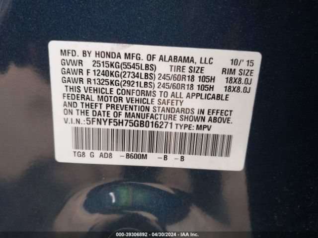 5FNYF5H75GB016271 Honda Pilot Ex-l