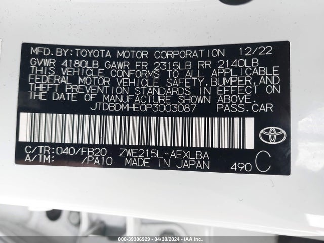 Toyota Corolla Hybrid Le 2023 JTDBDMHE0P3003087 Image 9