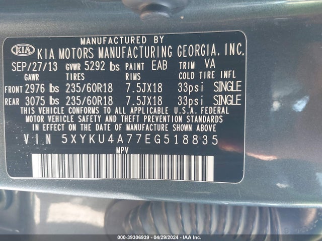 KIA Sorento Ex V6 2014 5XYKU4A77EG518835 Image 9