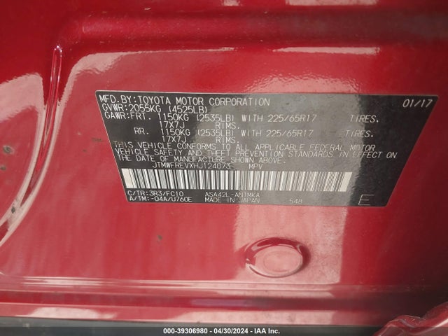 39306980 :رقم المزاد ، JTMWFREVXHJ124073 vin ، 2017 Toyota Rav4 Xle مزاد بيع