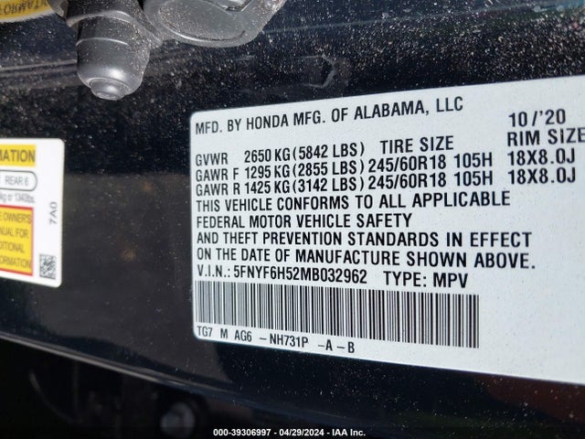 Honda Pilot Awd Ex-l 2021 5FNYF6H52MB032962 Image 9