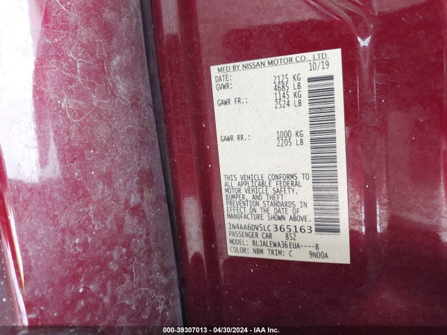 Nissan Maxima Sl Xtronic Cvt 2020 1N4AA6DV5LC365163 Image 9