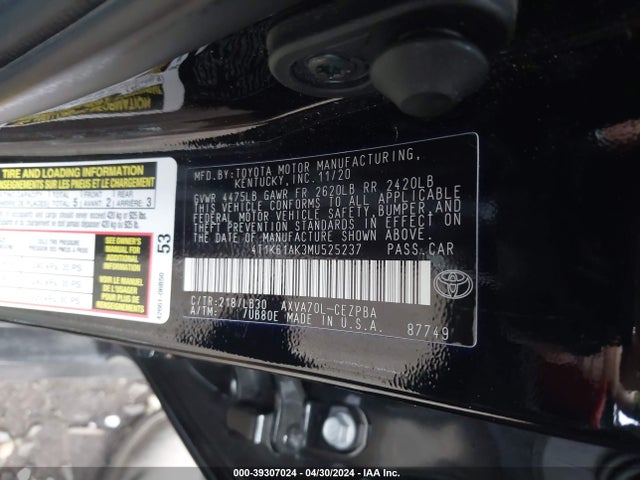 Toyota CAMRY XSE 2021 4T1K61AK3MU525237 Image 9
