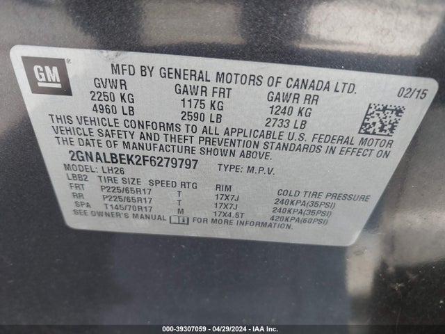Chevrolet EQUINOX 1LT 2015 2GNALBEK2F6279797 Image 9