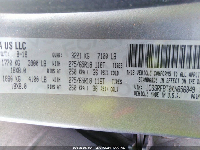 1C6SRFBT0KN656849 RAM 1500 Big Horn/lone Star Quad Cab 4x4 6'4 Box