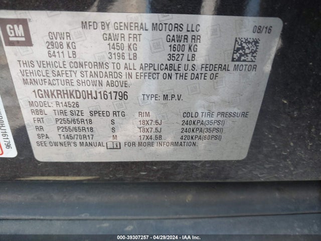 Chevrolet Traverse 2lt 2017 1GNKRHKD0HJ161796 Image 9