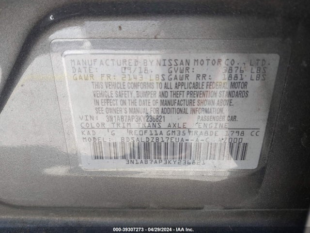 Nissan SENTRA SV 2019 3N1AB7AP3KY236821 Image 9