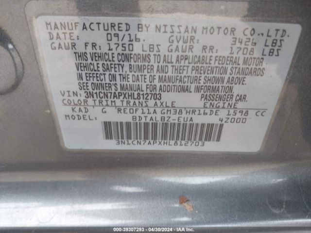 3N1CN7APXHL812703 Nissan Versa 1.6 S/1.6 S+/1.6 Sl/1.6 Sv