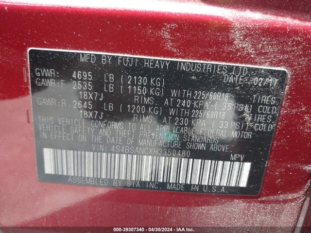 Subaru Outback 2.5i Limited 2017 4S4BSANCXH3350480 Image 9