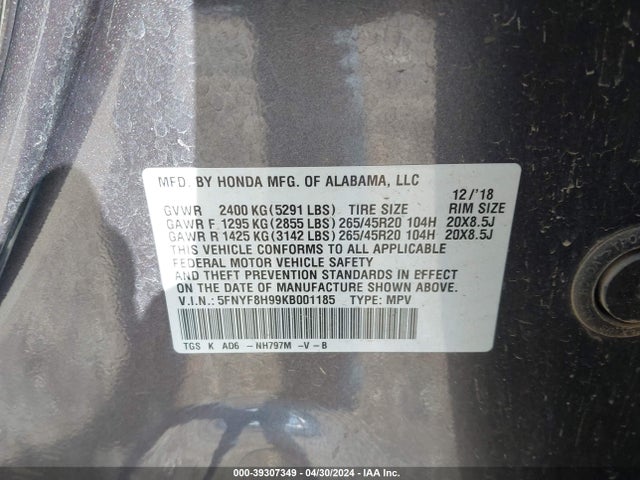 Honda Passport Touring 2019 5FNYF8H99KB001185 Image 9