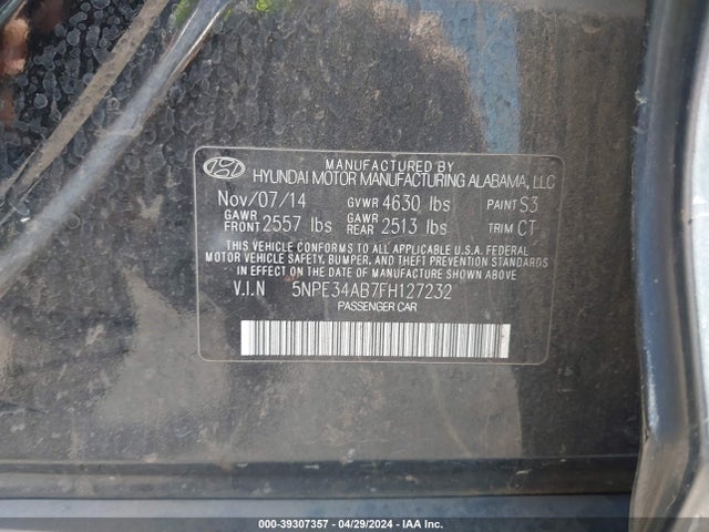 Hyundai Sonata Limited 2.0t 2015 5NPE34AB7FH127232 Image 9