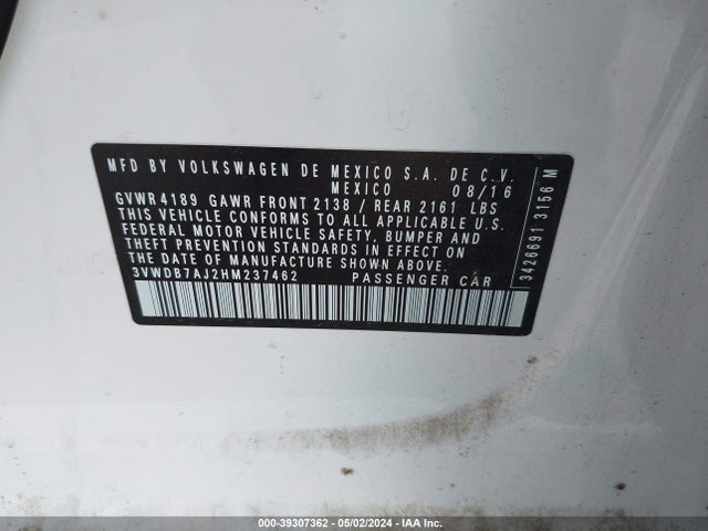 3VWDB7AJ2HM237462 Volkswagen Jetta 1.4t Se