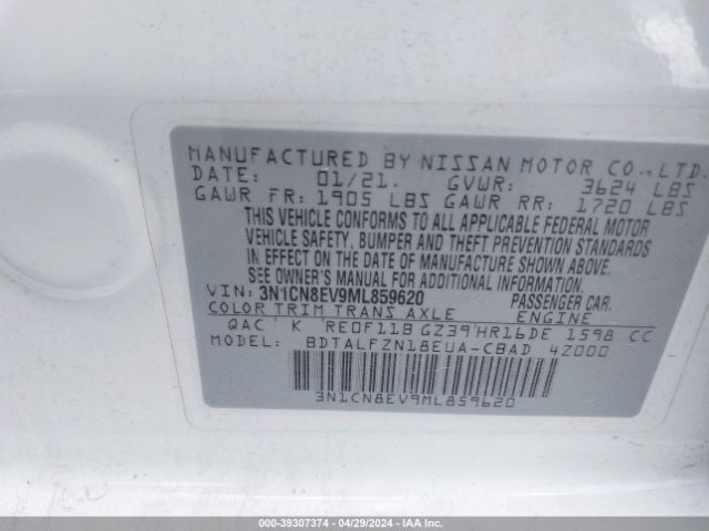 3N1CN8EV9ML859620 Nissan Versa Sv Xtronic Cvt