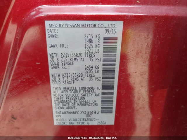 Nissan Pathfinder Platinum 2015 5N1AR2MN6FC703892 Image 9