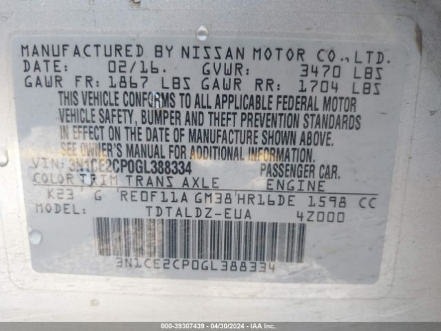 3N1CE2CP0GL388334 Nissan Versa Note Sv