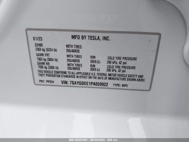 7SAYGDEE1PA059922 Tesla Model Y Awd/long Range Dual Motor All-wheel Drive