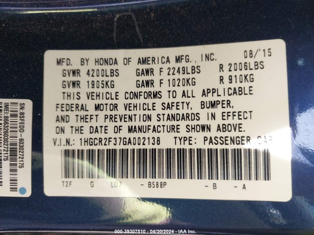 Honda ACCORD LX 2016 1HGCR2F37GA002138 Image 9
