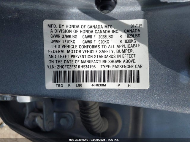 Honda Civic Sport 2019 2HGFC2F81KH534196 Image 9