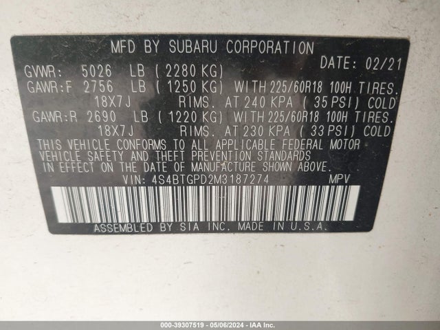 4S4BTGPD2M3187274 Subaru Outback Touring Xt