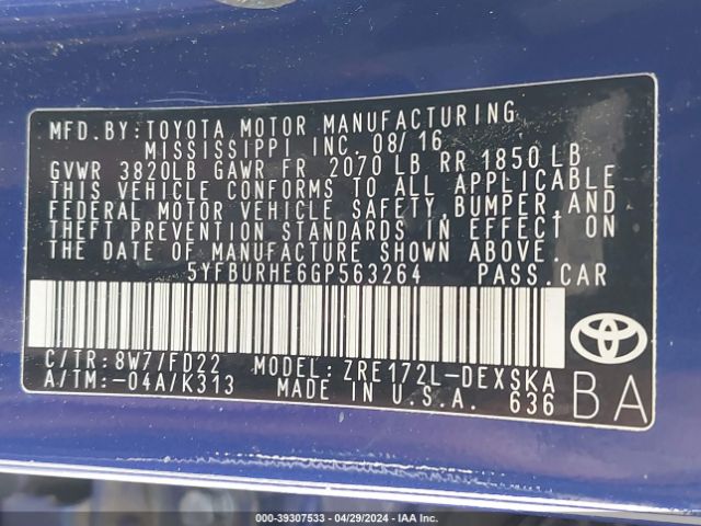 5YFBURHE6GP563264 Toyota Corolla S Plus